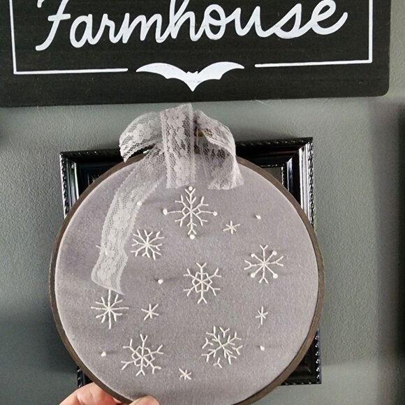 Embroidered Hoop Art, Snowflakes, 6" Stained Gray Wooden Frame, Snow - Picture 1 of 11